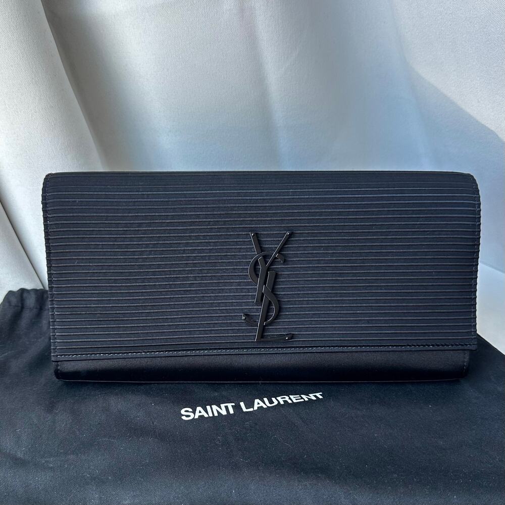 Rare Archival Saint Laurent Black Ribbed Satin Monogram Opium Evening Clutch